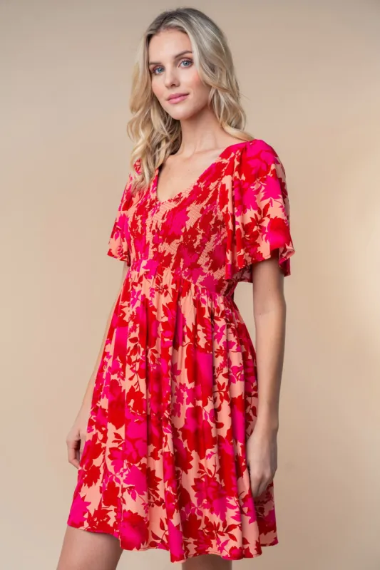 Red Leaf Print Smocked V-Neck Dress sold by Pinkblush