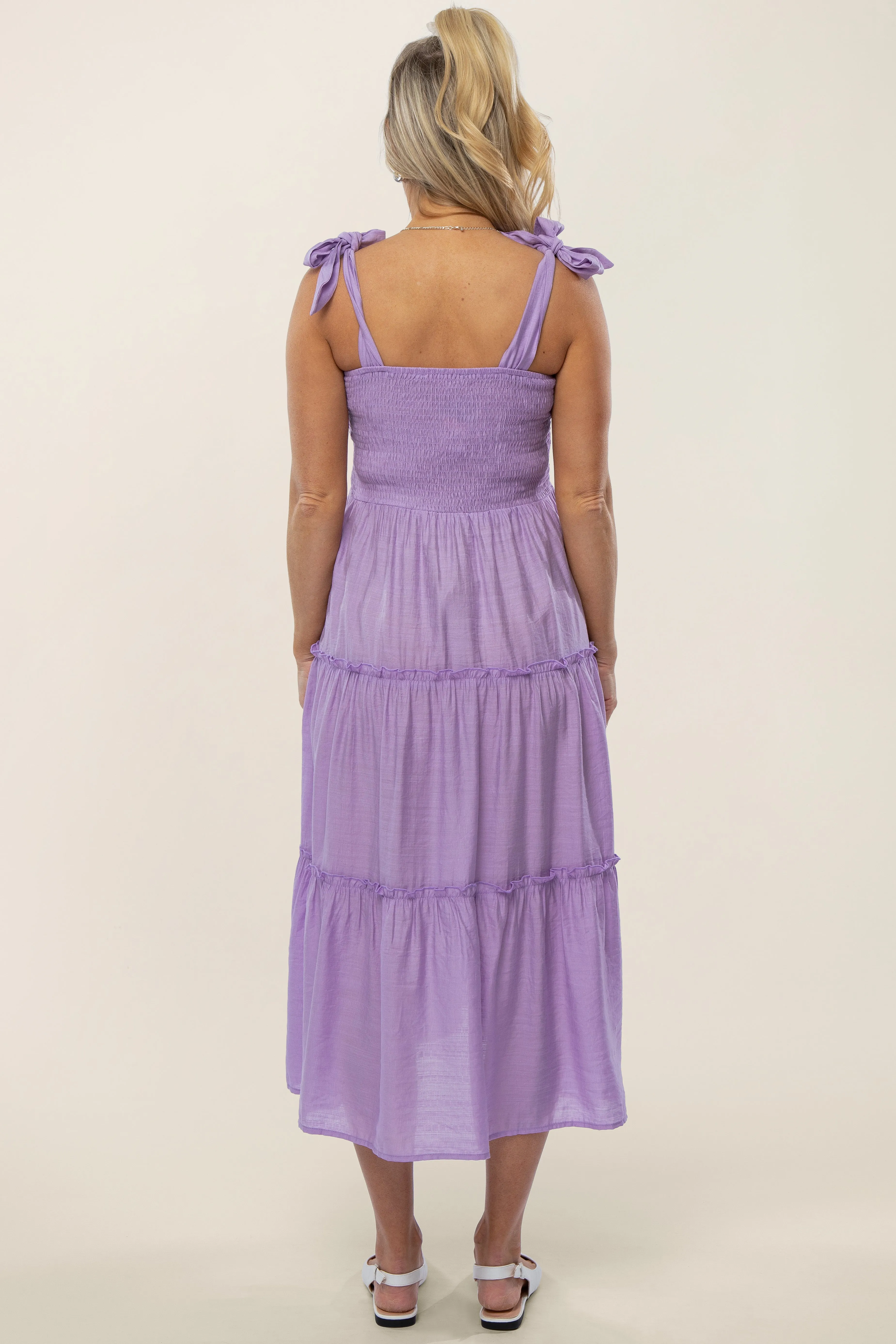 Lavender Shoulder Tie Tiered Maternity Midi Dress sold by Pinkblush product image thumbnail 3