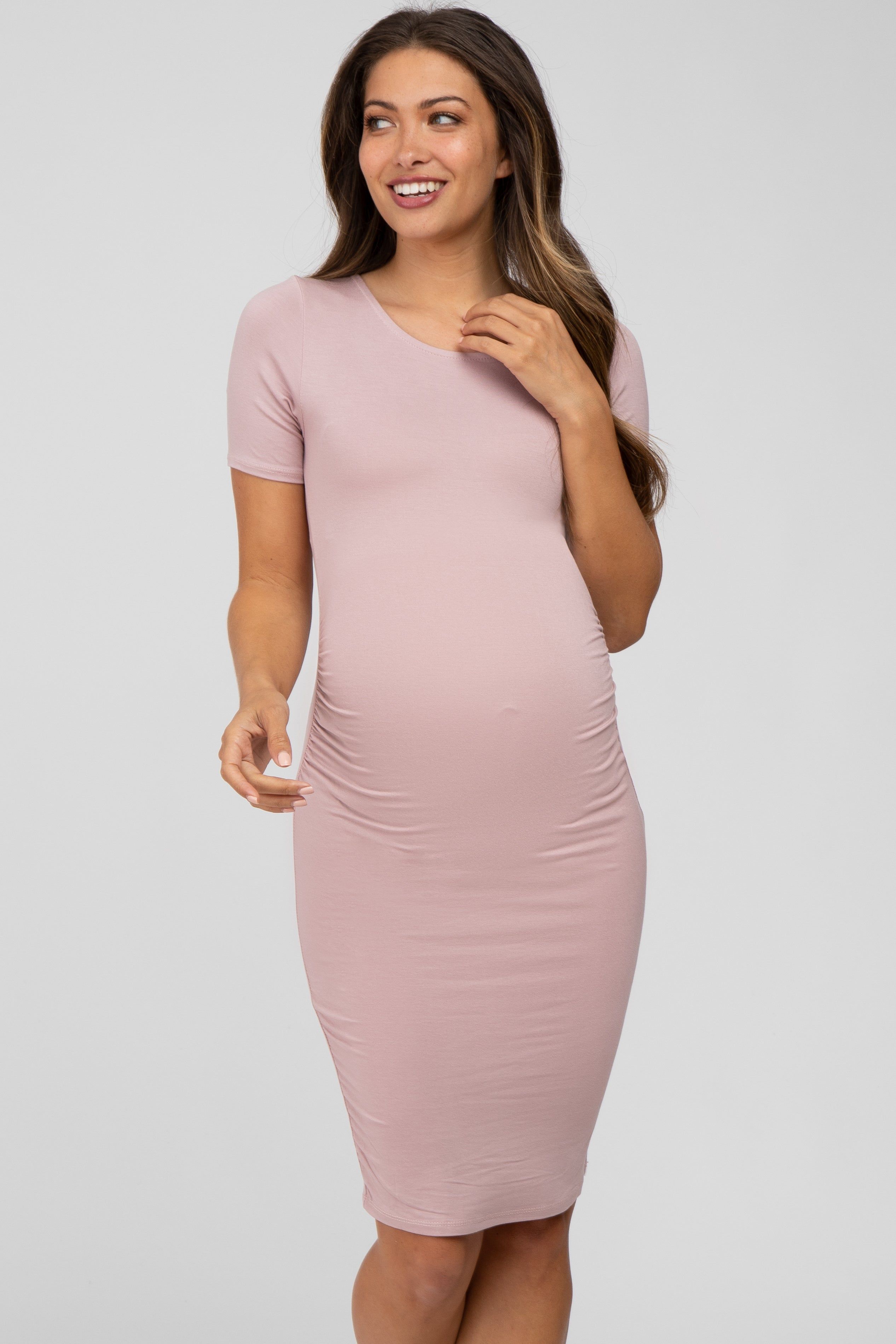 Mauve Ruched Short Sleeve Maternity Dress sold by Pinkblush