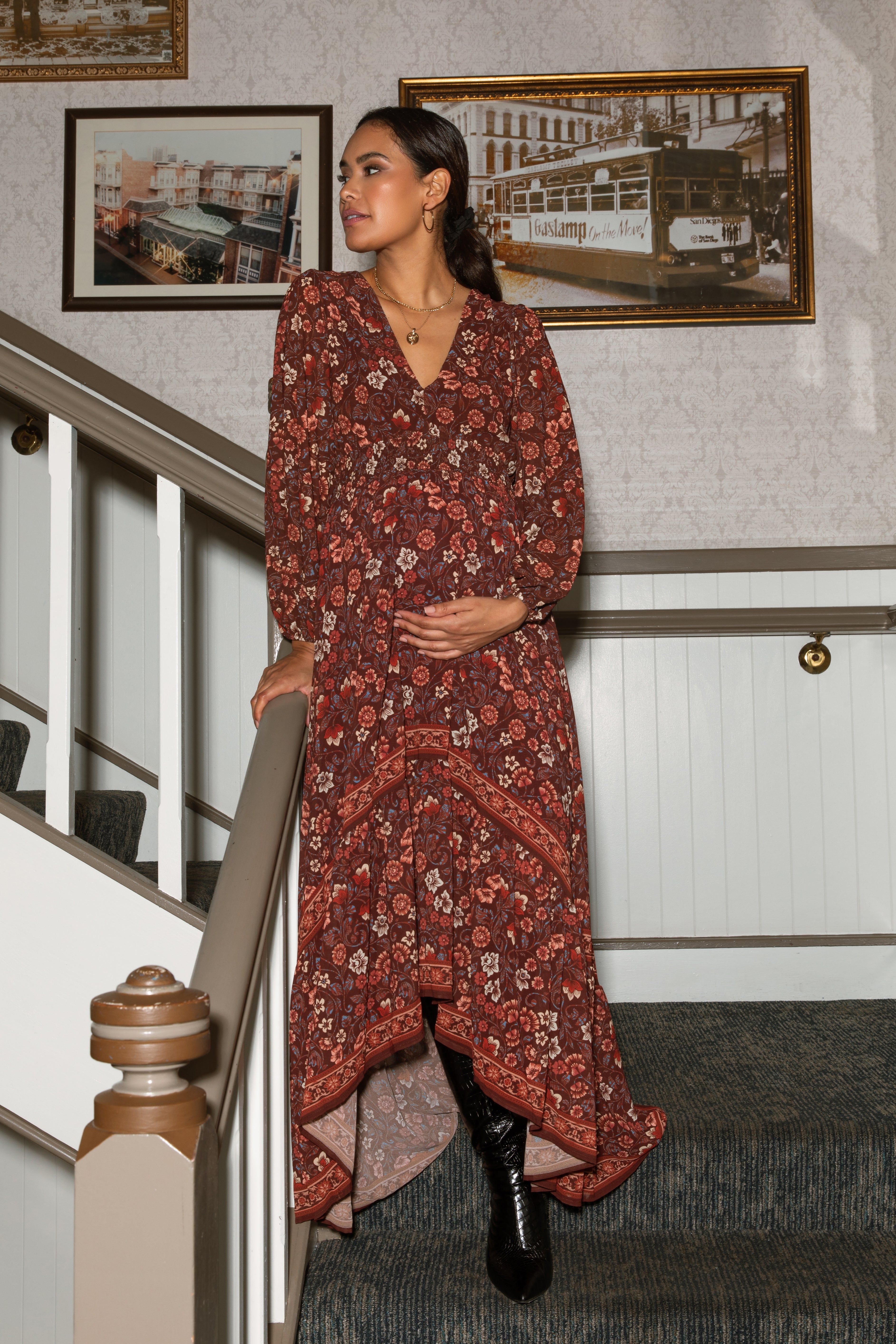 Brown Floral Hi-Lo Train Maternity Maxi Dress sold by Pinkblush product image thumbnail 2