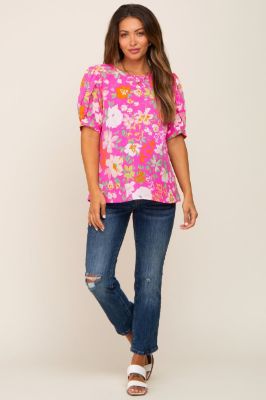 Fuchsia Floral Puff Sleeve Maternity Blouse sold by Pinkblush