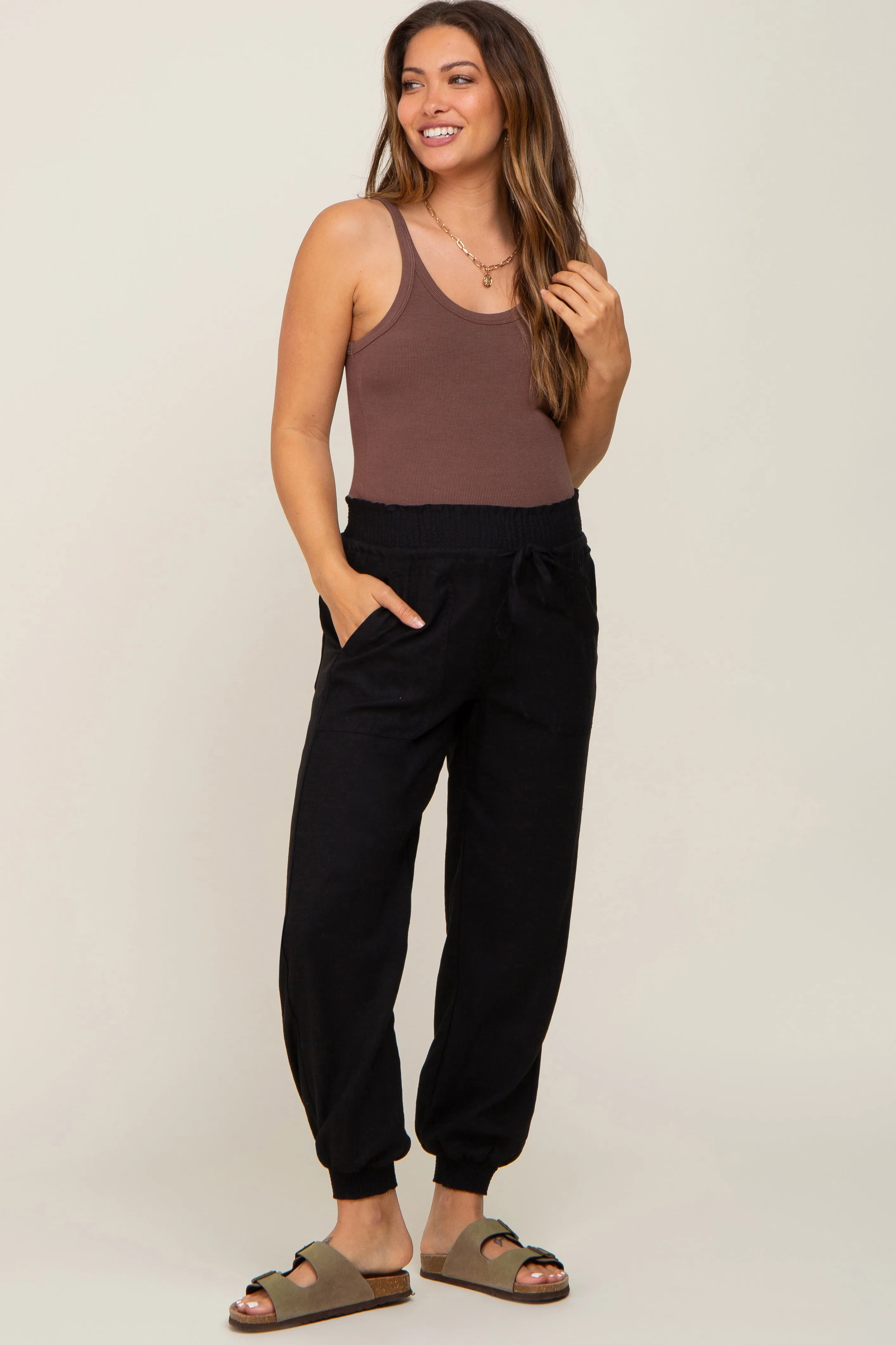 Black Smocked Maternity Joggers sold by Pinkblush