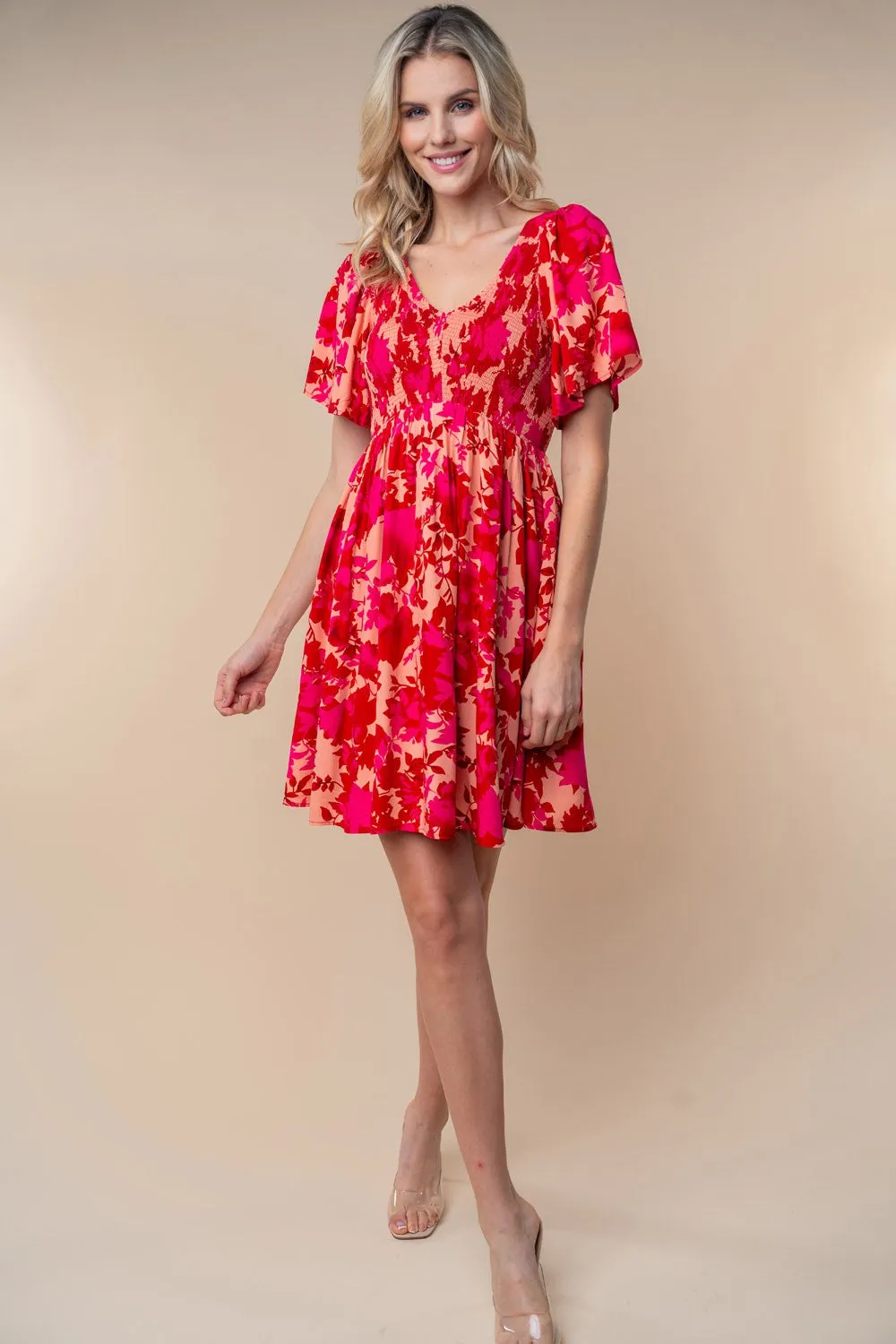Red Leaf Print Smocked V-Neck Dress sold by Pinkblush product image thumbnail 5