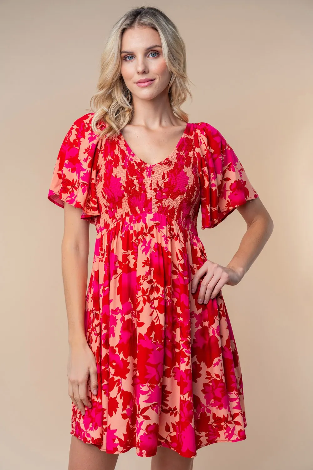 Red Leaf Print Smocked V-Neck Dress sold by Pinkblush product image thumbnail 2