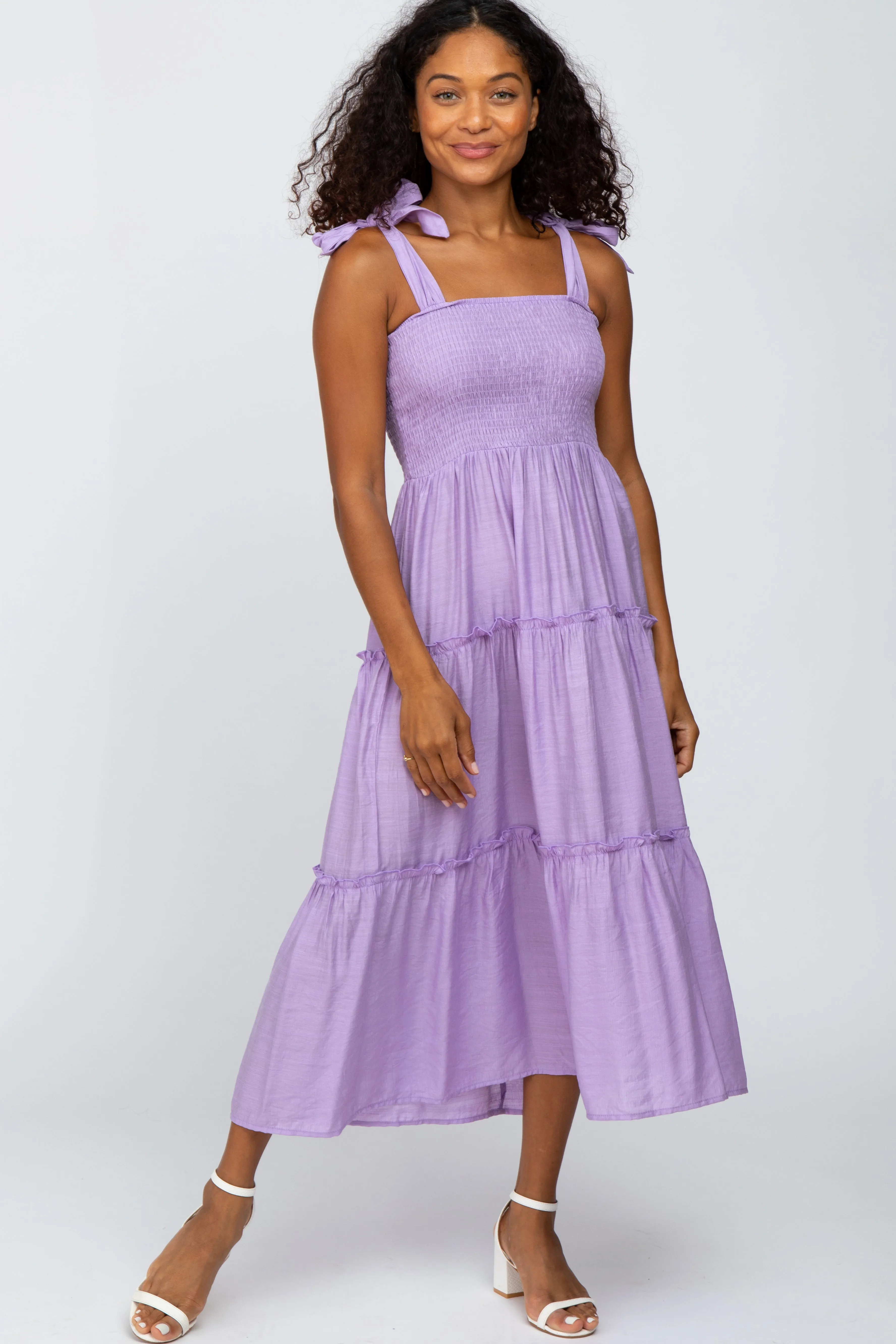 Lavender Shoulder Tie Tiered Maternity Midi Dress sold by Pinkblush product image thumbnail 4