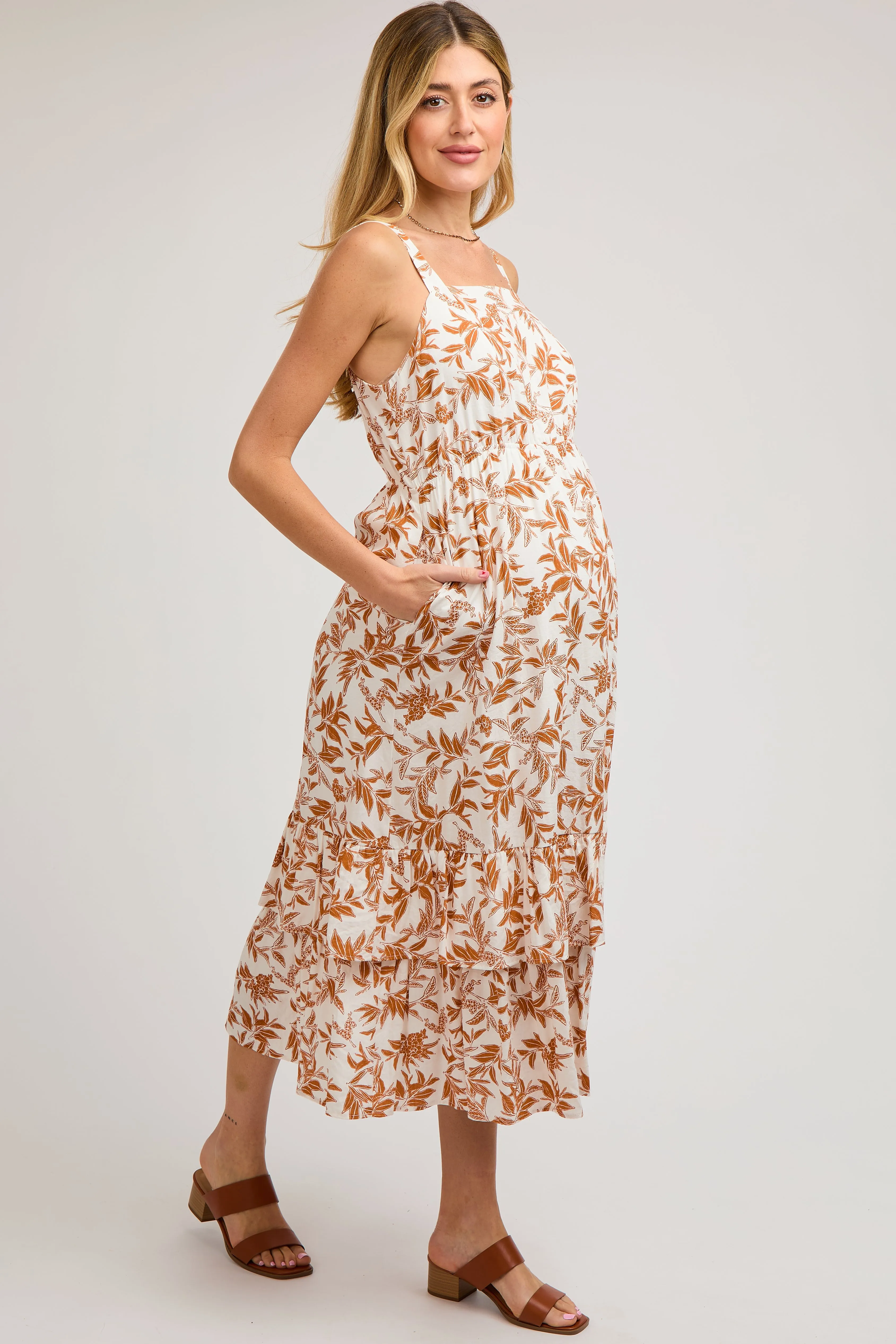 Camel Floral Sleeveless Ruffle Hem Maternity Maxi Dress sold by Pinkblush product image thumbnail 3