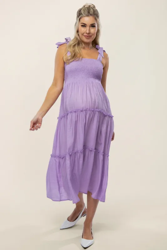 Lavender Shoulder Tie Tiered Maternity Midi Dress sold by Pinkblush