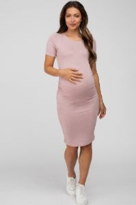 Mauve Ruched Short Sleeve Maternity Dress sold by Pinkblush