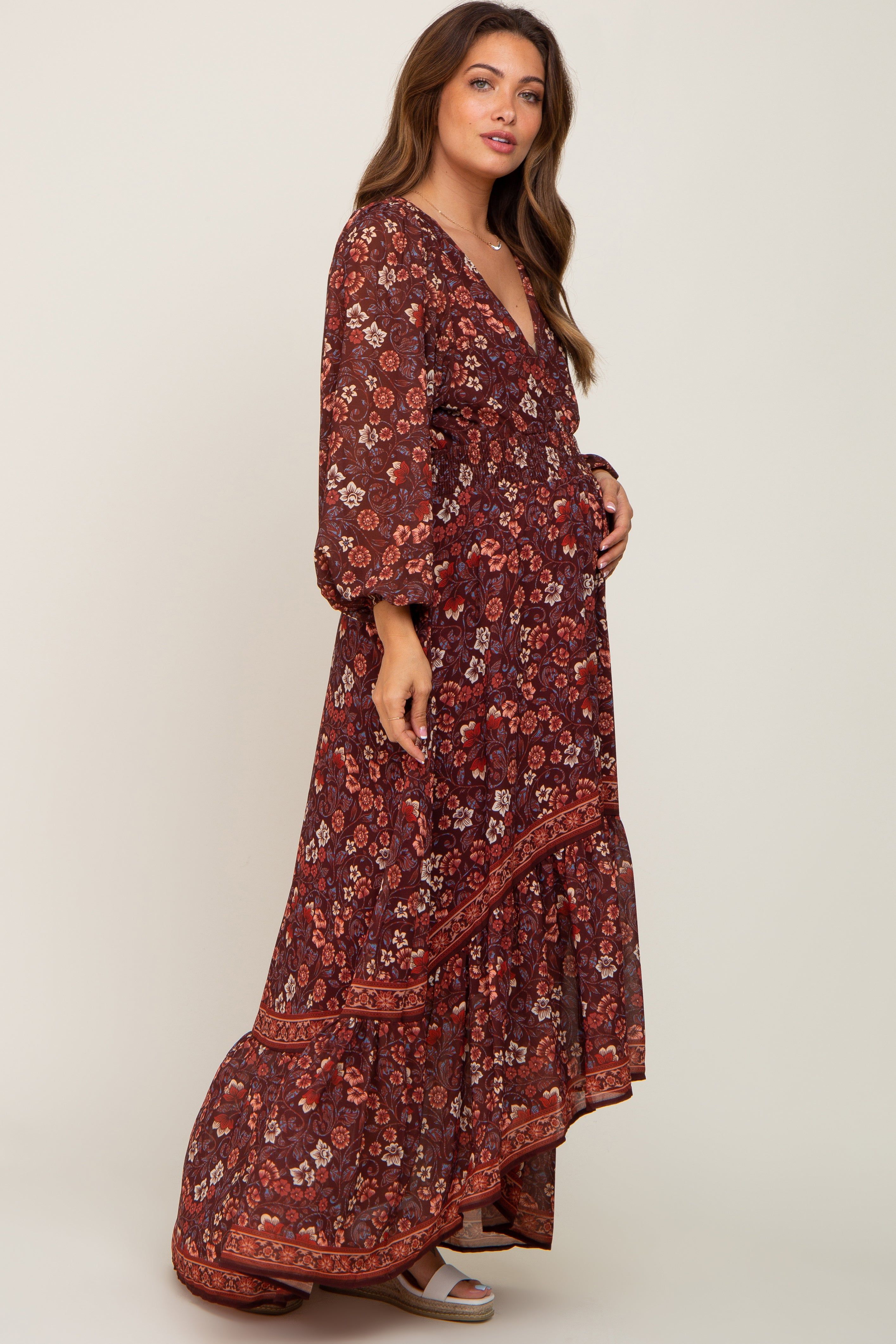 Brown Floral Hi-Lo Train Maternity Maxi Dress sold by Pinkblush product image thumbnail 3
