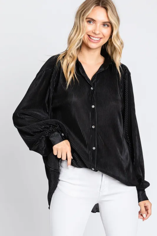 Black Plisse Button Up Long Sleeve Top sold by Pinkblush