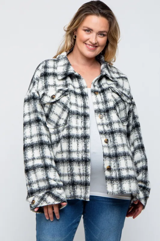Ivory Plaid Maternity Plus Shirt Jacket sold by Pinkblush
