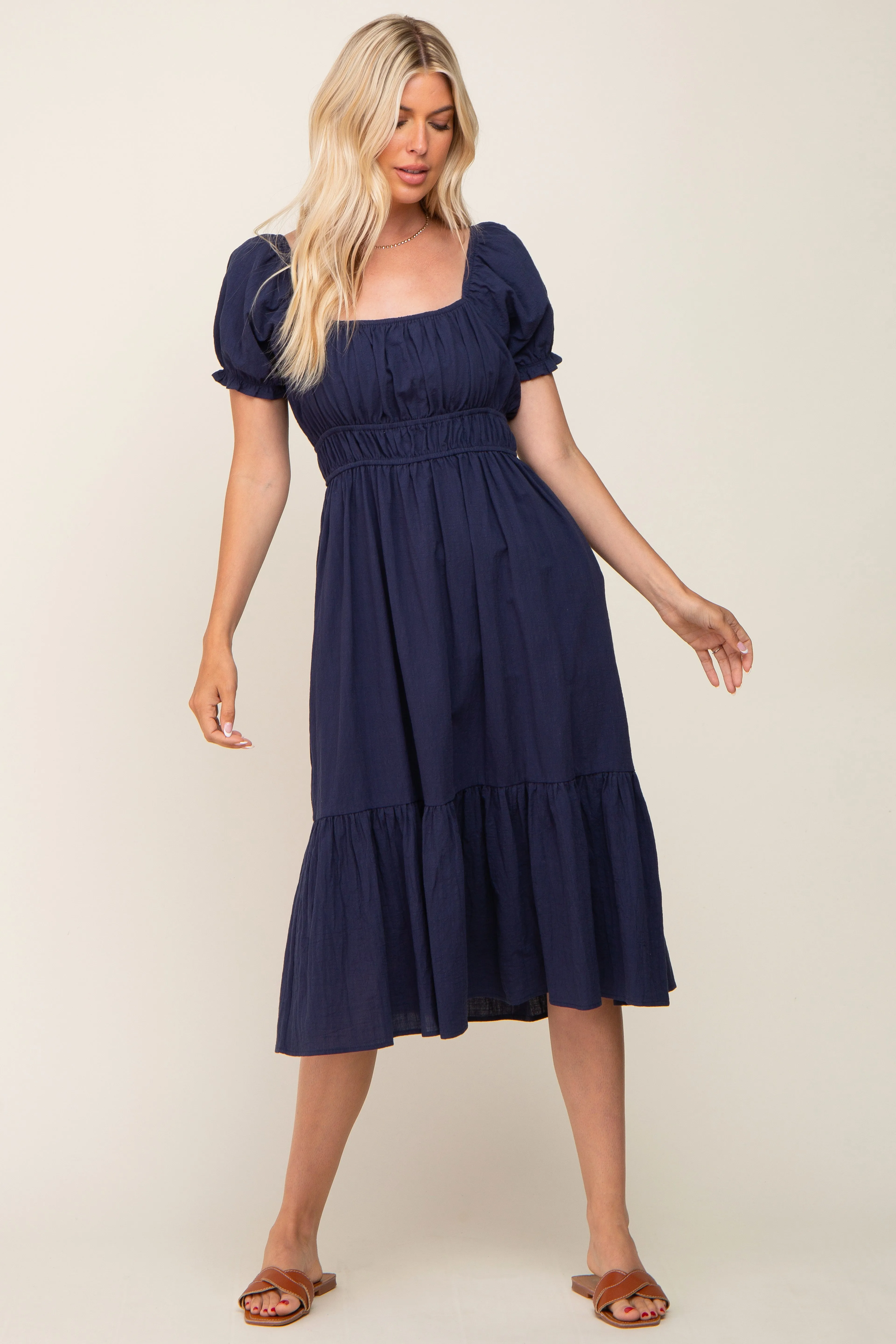 Navy Puff Sleeve Ruffle Hem Maternity Midi Dress sold by Pinkblush product image thumbnail 5