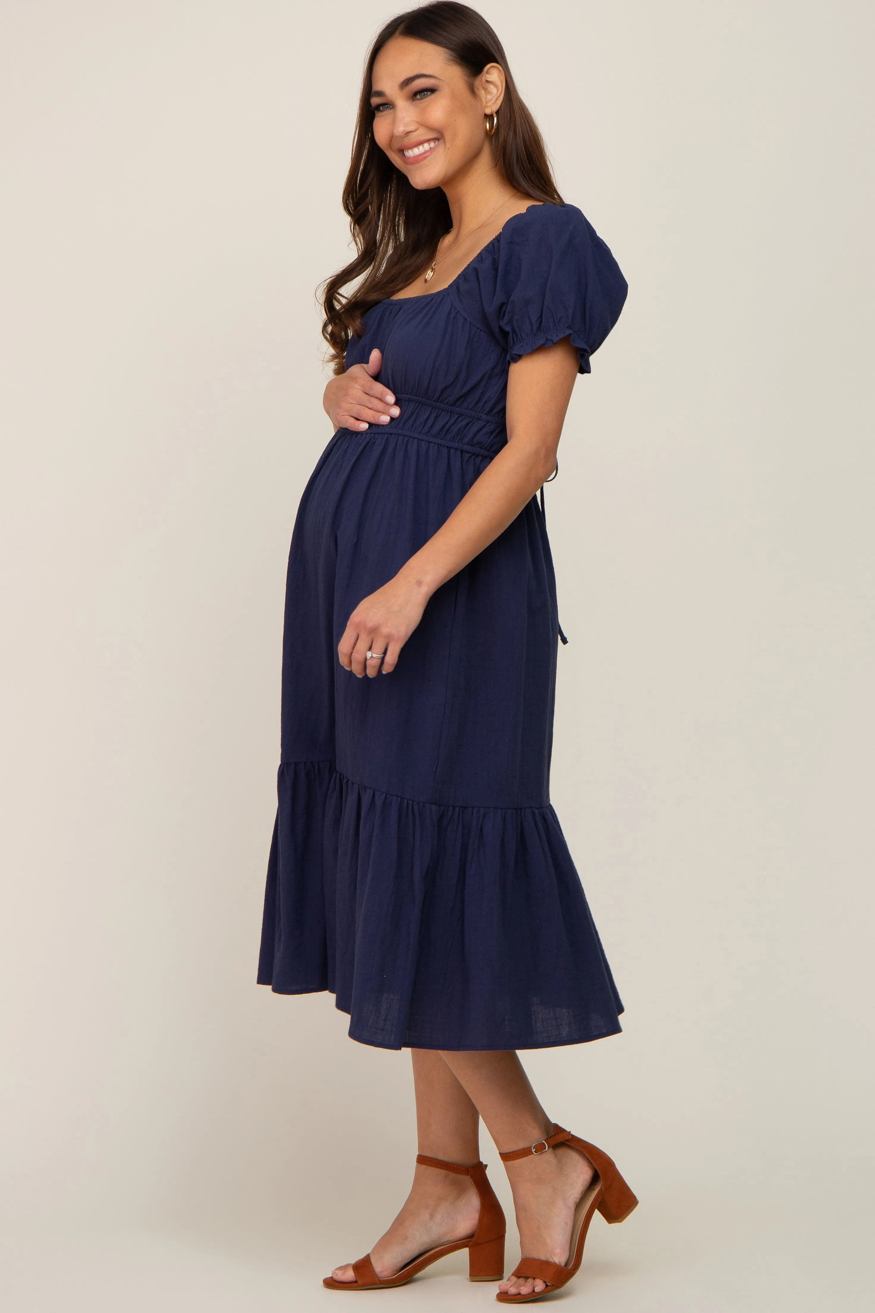 Navy Puff Sleeve Ruffle Hem Maternity Midi Dress sold by Pinkblush product image thumbnail 2