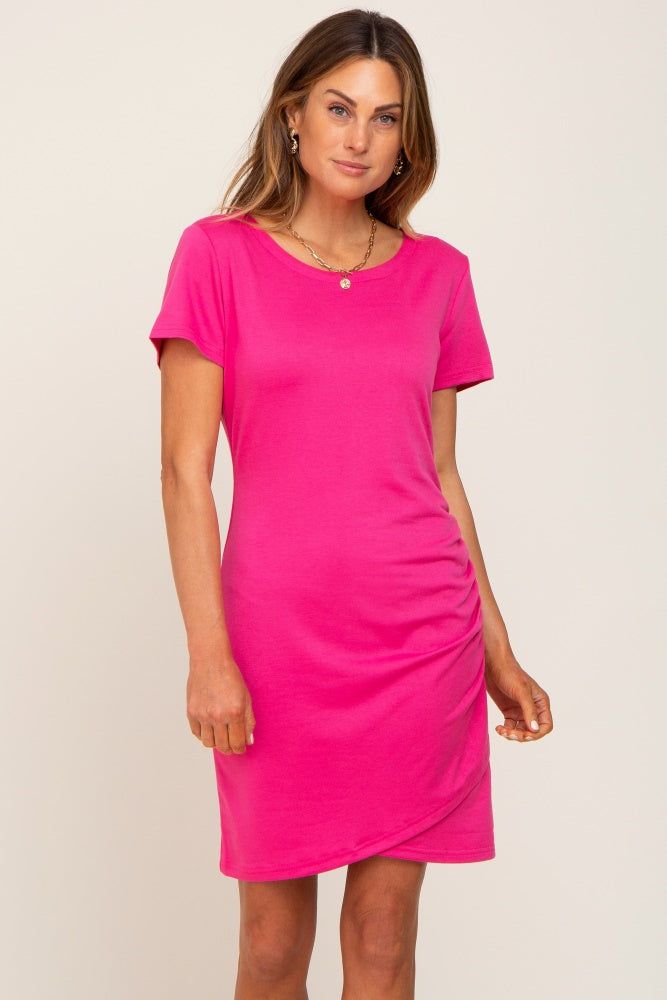Fuchsia Short Sleeve Ruched Dress sold by Pinkblush