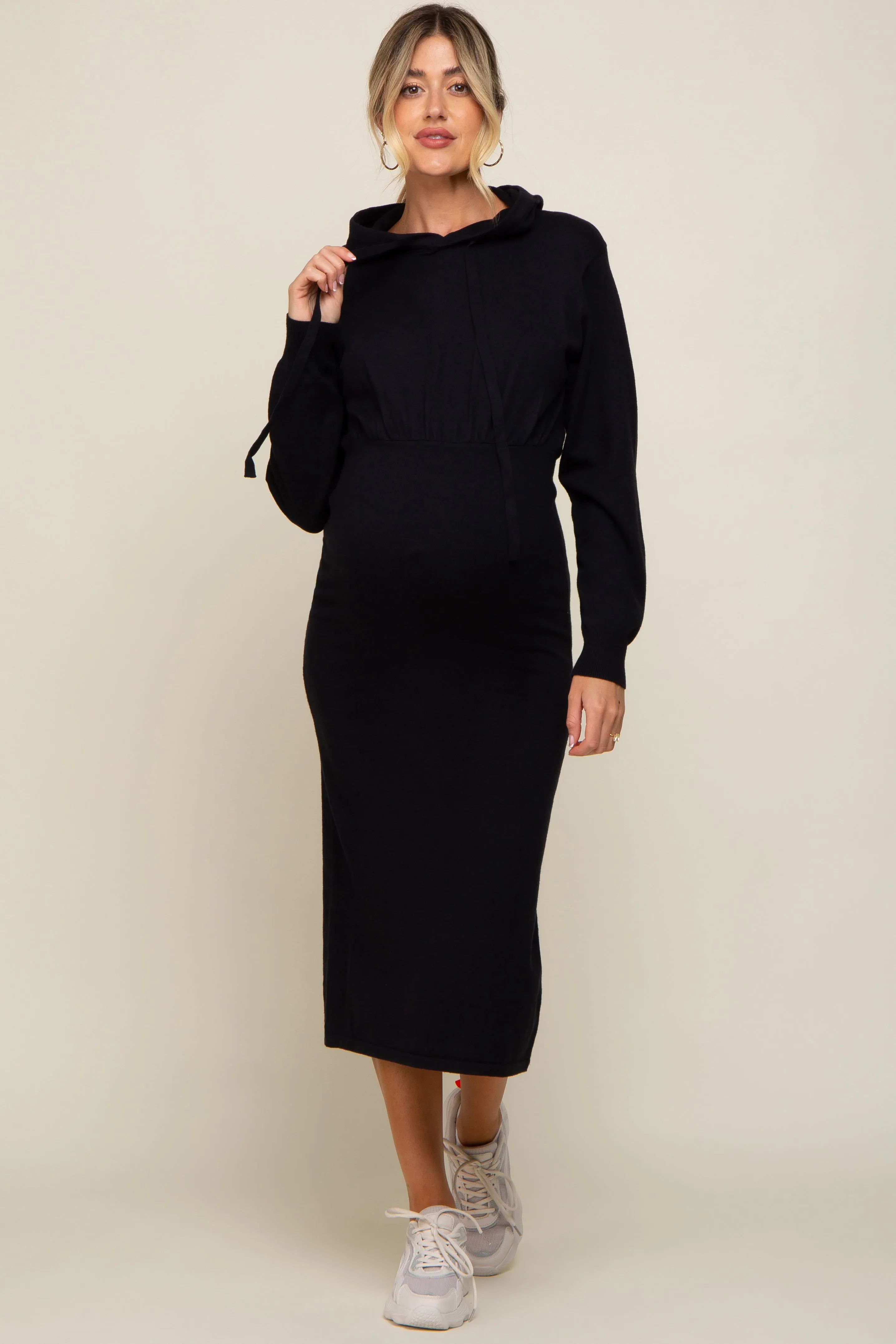 Black Knit Hooded Long Sleeve Maternity Dress sold by Pinkblush product image thumbnail 4
