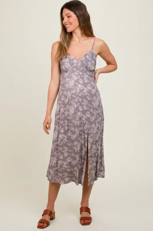 Grey Floral Side Slit Maternity Midi Dress sold by Pinkblush