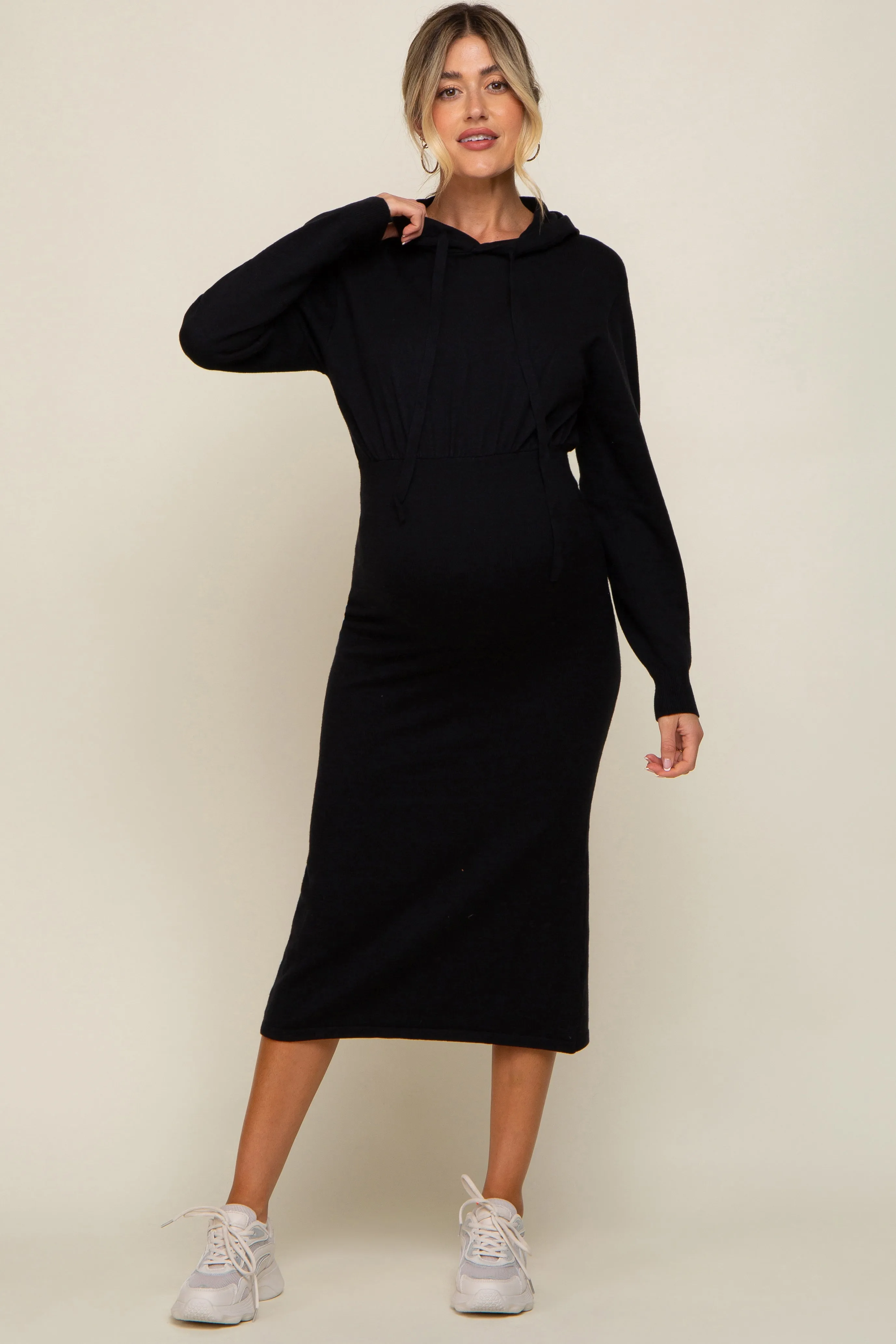 Black Knit Hooded Long Sleeve Maternity Dress sold by Pinkblush