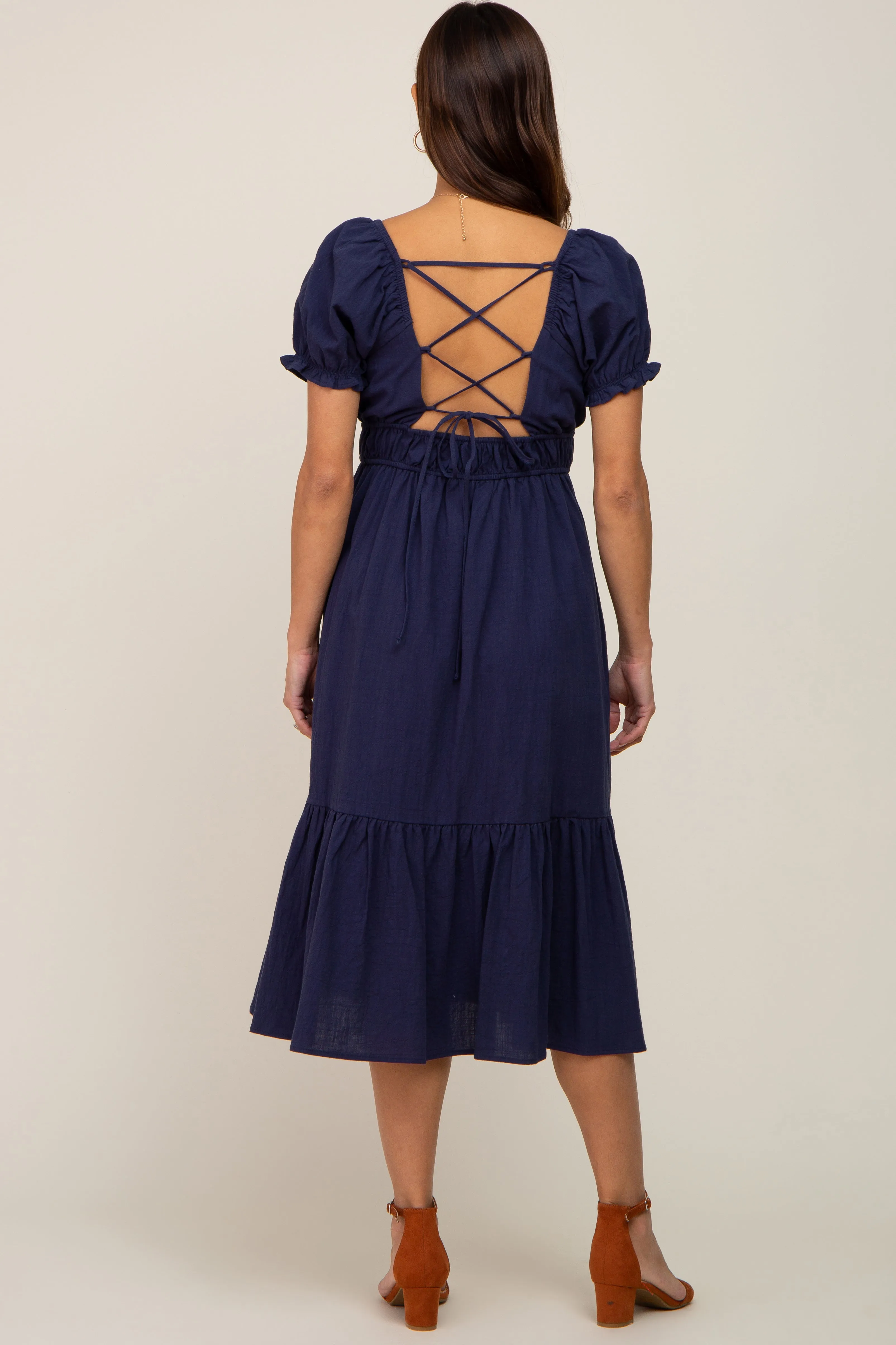 Navy Puff Sleeve Ruffle Hem Maternity Midi Dress sold by Pinkblush product image thumbnail 3