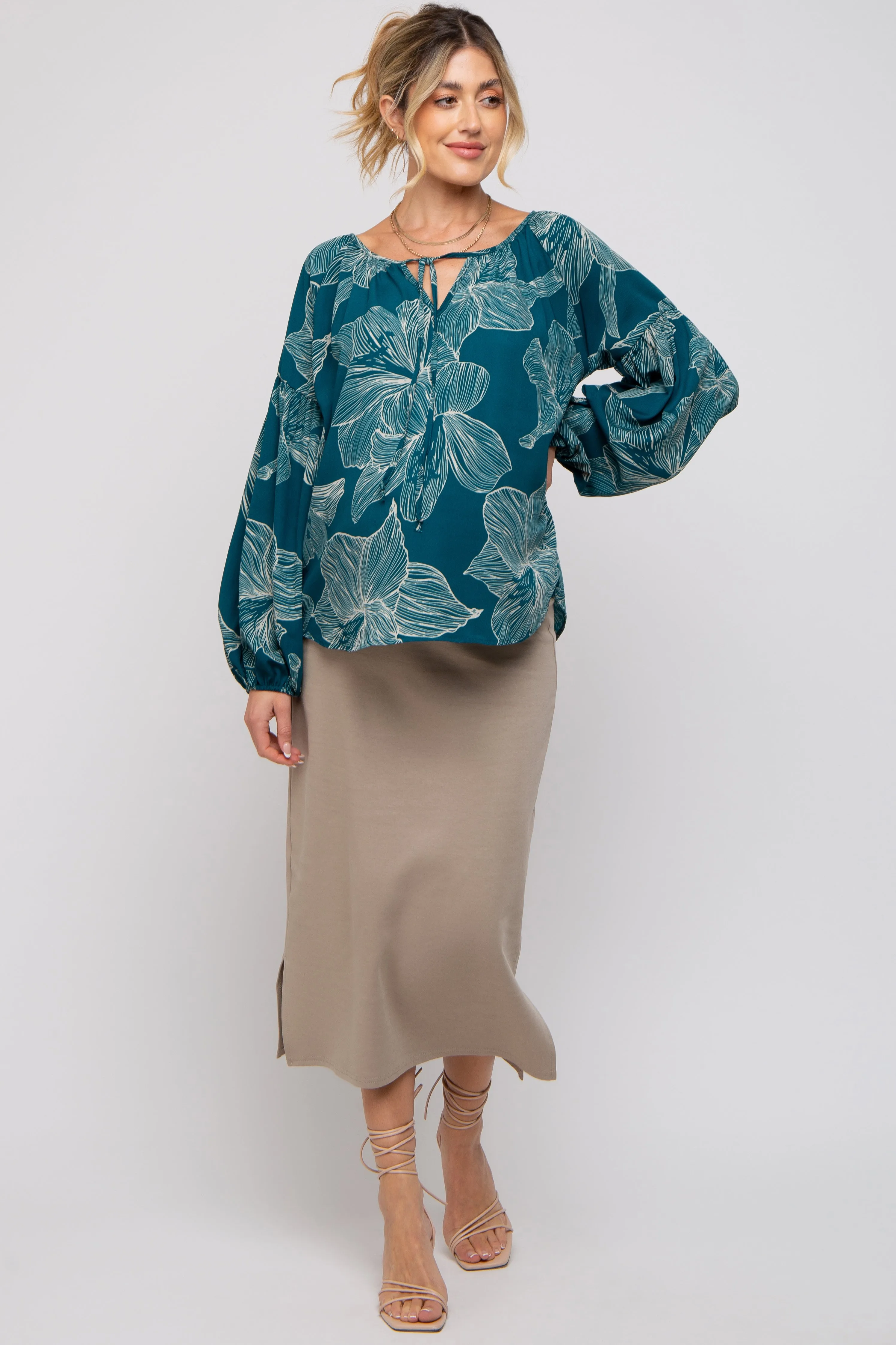 Teal Floral Tie Detail Long Sleeve Maternity Blouse sold by Pinkblush product image thumbnail 4