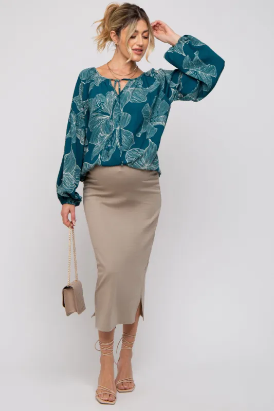 Teal Floral Tie Detail Long Sleeve Maternity Blouse sold by Pinkblush