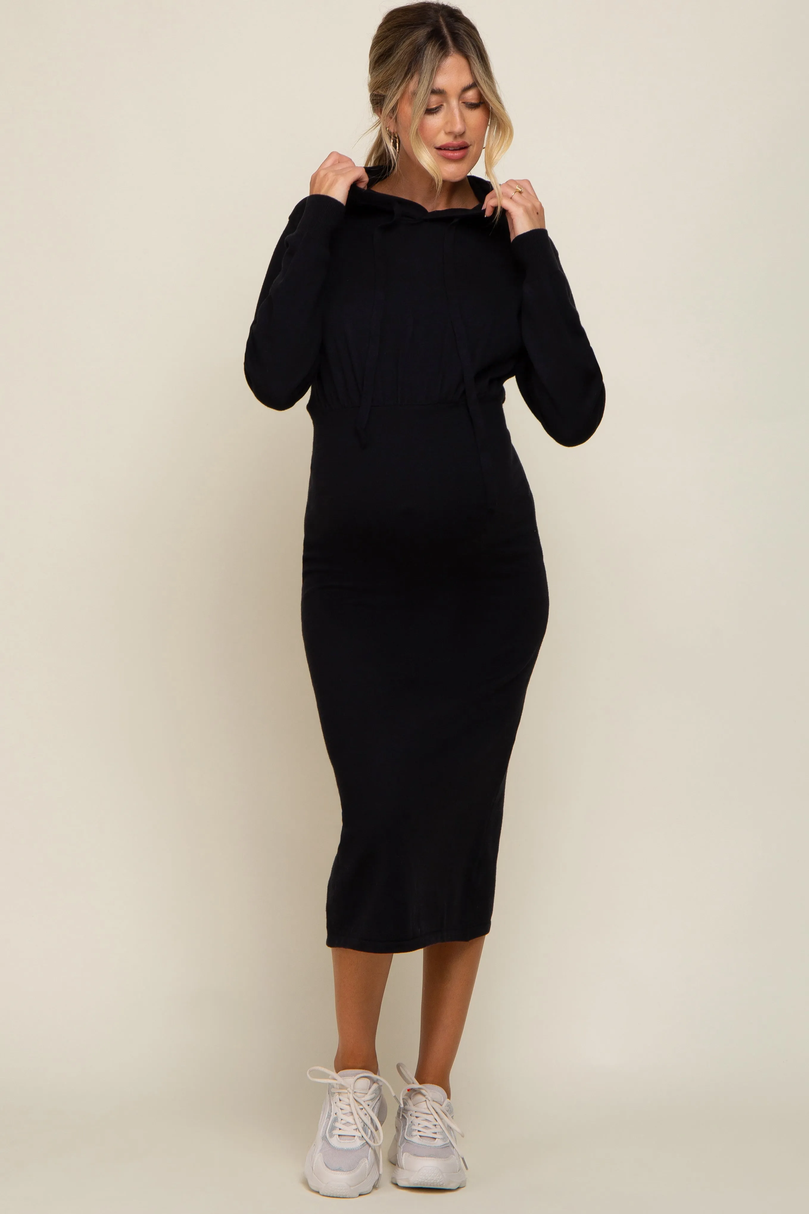 Black Knit Hooded Long Sleeve Maternity Dress sold by Pinkblush product image thumbnail 5