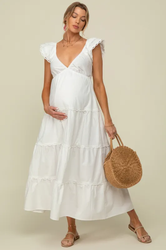 White Ruffle Trim Maternity Maxi Dress sold by Pinkblush