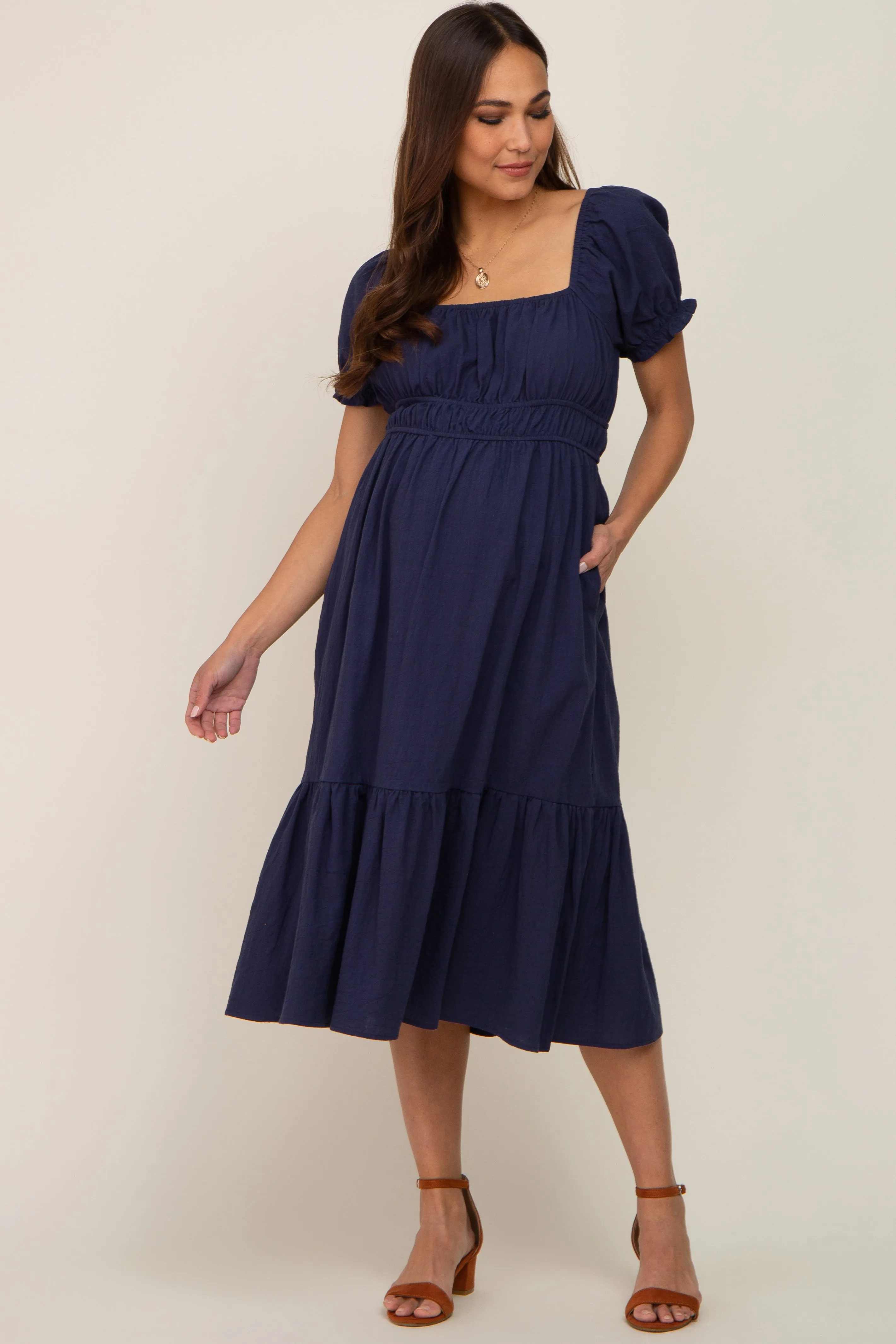 Navy Puff Sleeve Ruffle Hem Maternity Midi Dress sold by Pinkblush product image thumbnail 4
