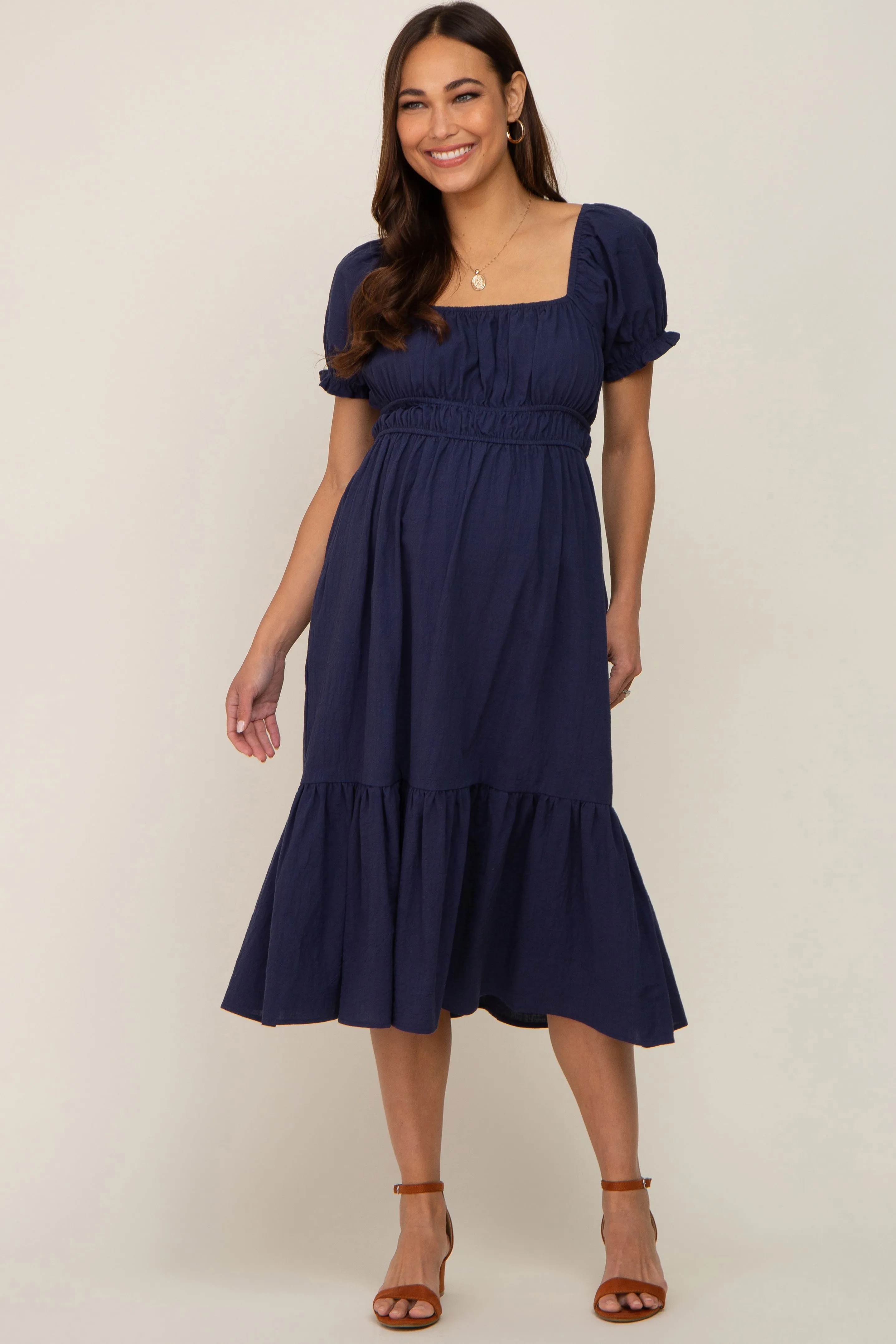 Navy Puff Sleeve Ruffle Hem Maternity Midi Dress sold by Pinkblush