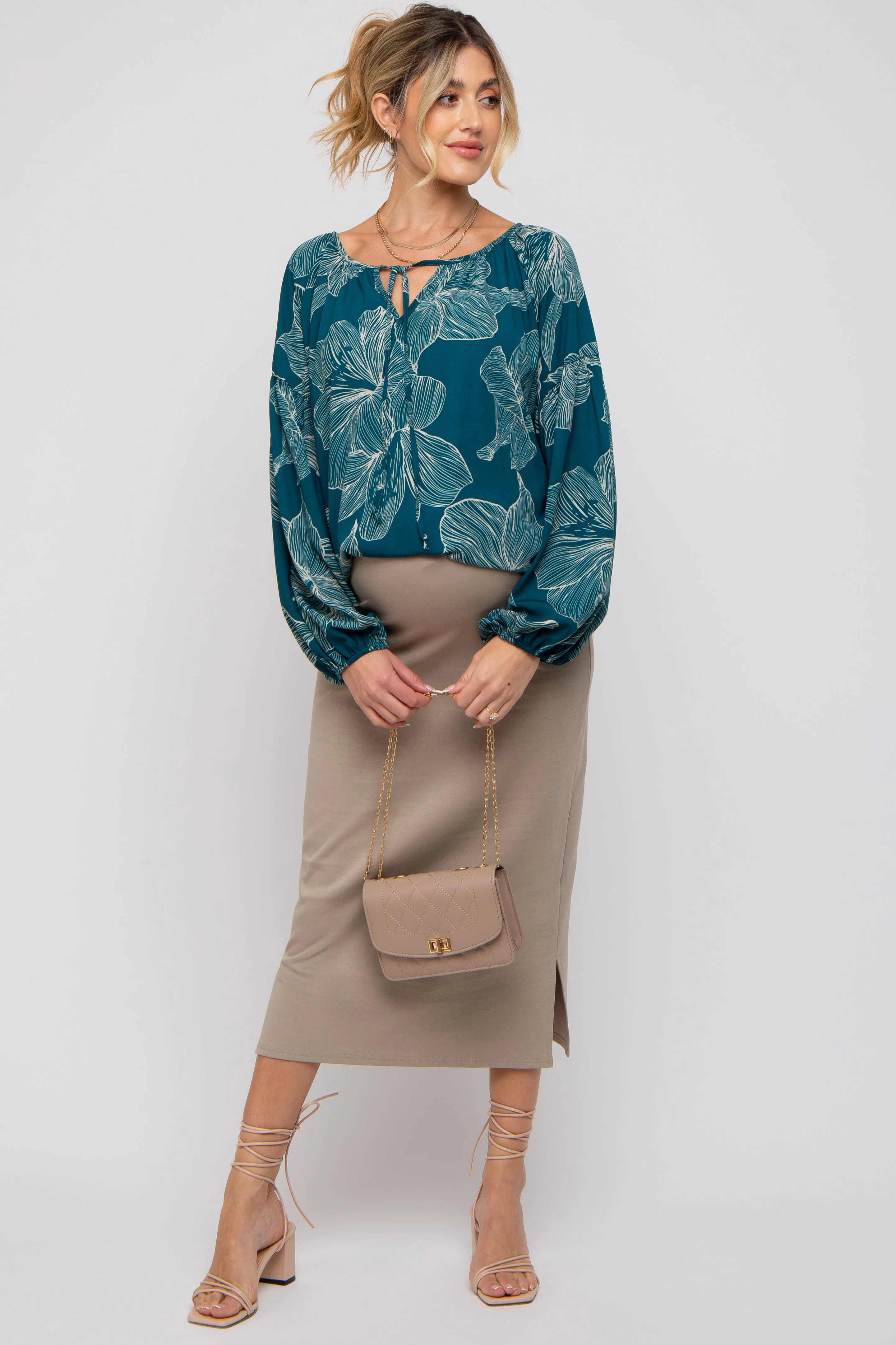 Teal Floral Tie Detail Long Sleeve Maternity Blouse sold by Pinkblush product image thumbnail 2