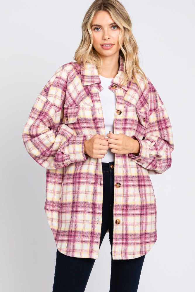 Magenta Flannel Plaid Button Up Maternity Shacket sold by Pinkblush product image thumbnail 5