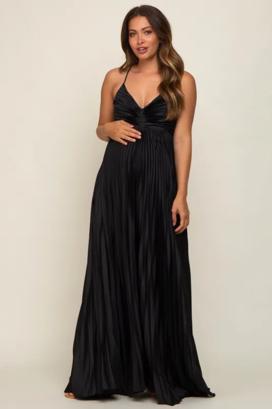 Black Satin Pleated Cutout Maternity Gown sold by Pinkblush