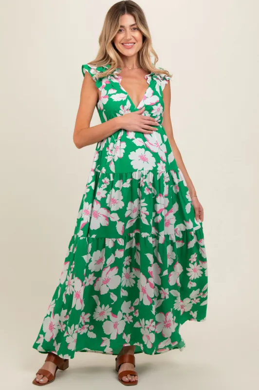Green Floral Deep V-Neck Open Back Maternity Maxi Dress sold by Pinkblush