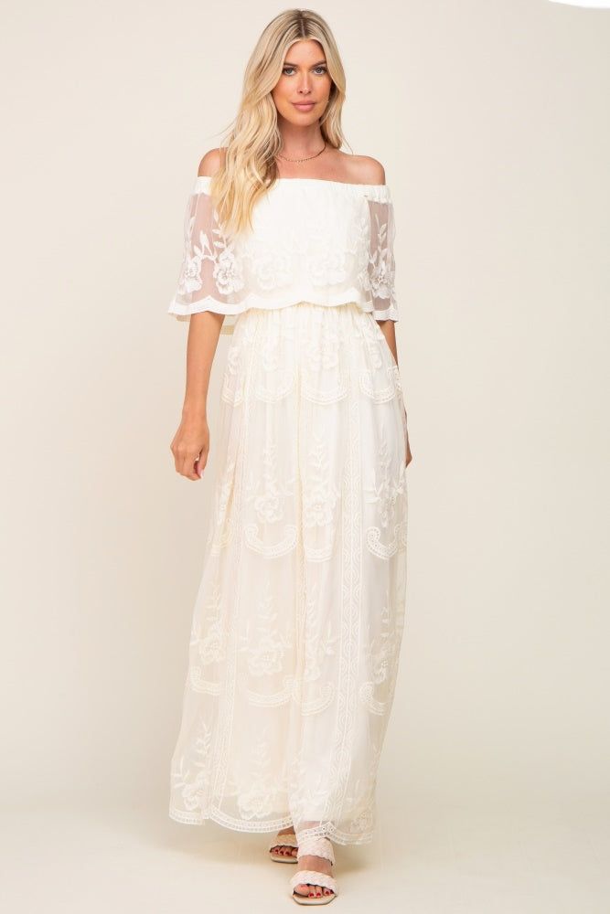 Cream Lace Mesh Overlay Off Shoulder Maxi Dress sold by Pinkblush product image thumbnail 4