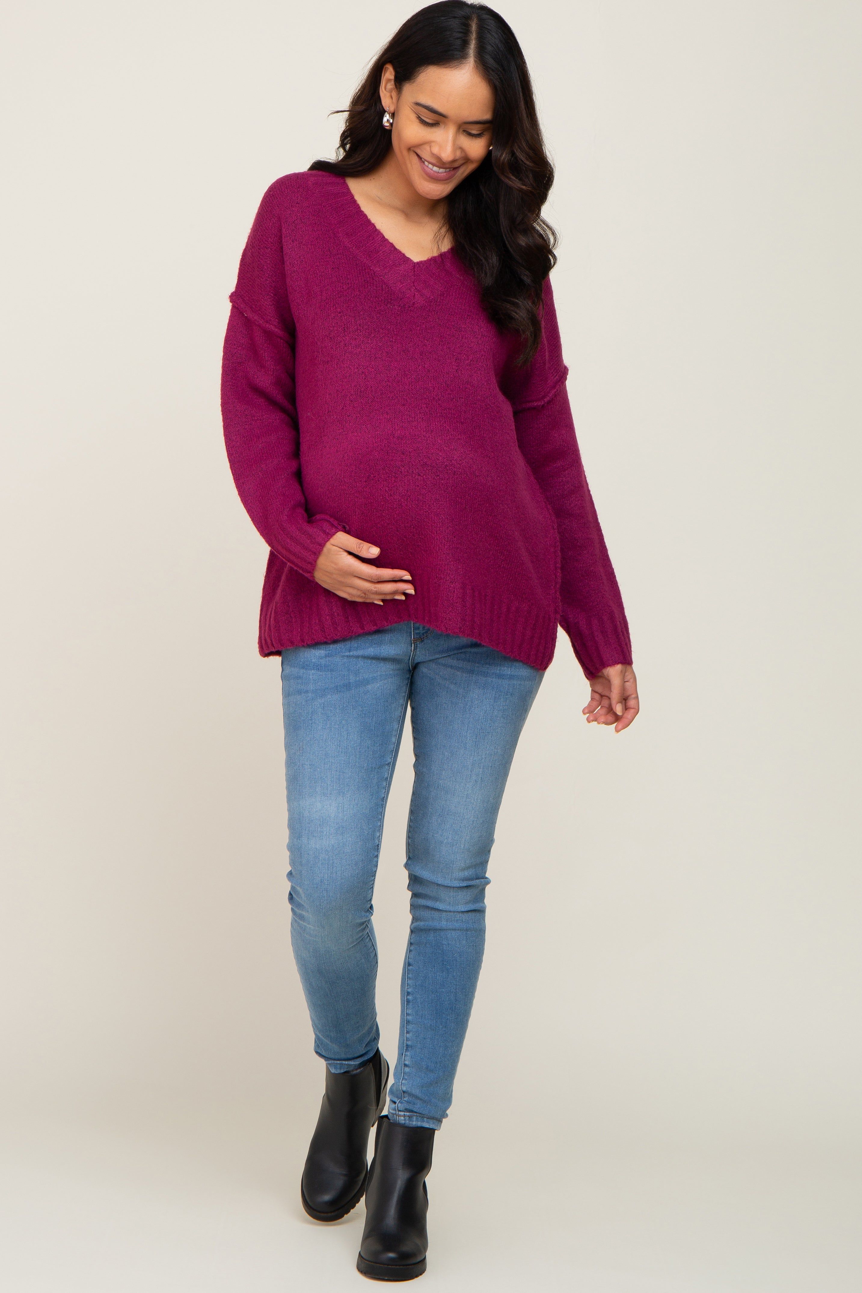 Magenta V-Neck Brushed Knit Maternity Sweater sold by Pinkblush product image thumbnail 4