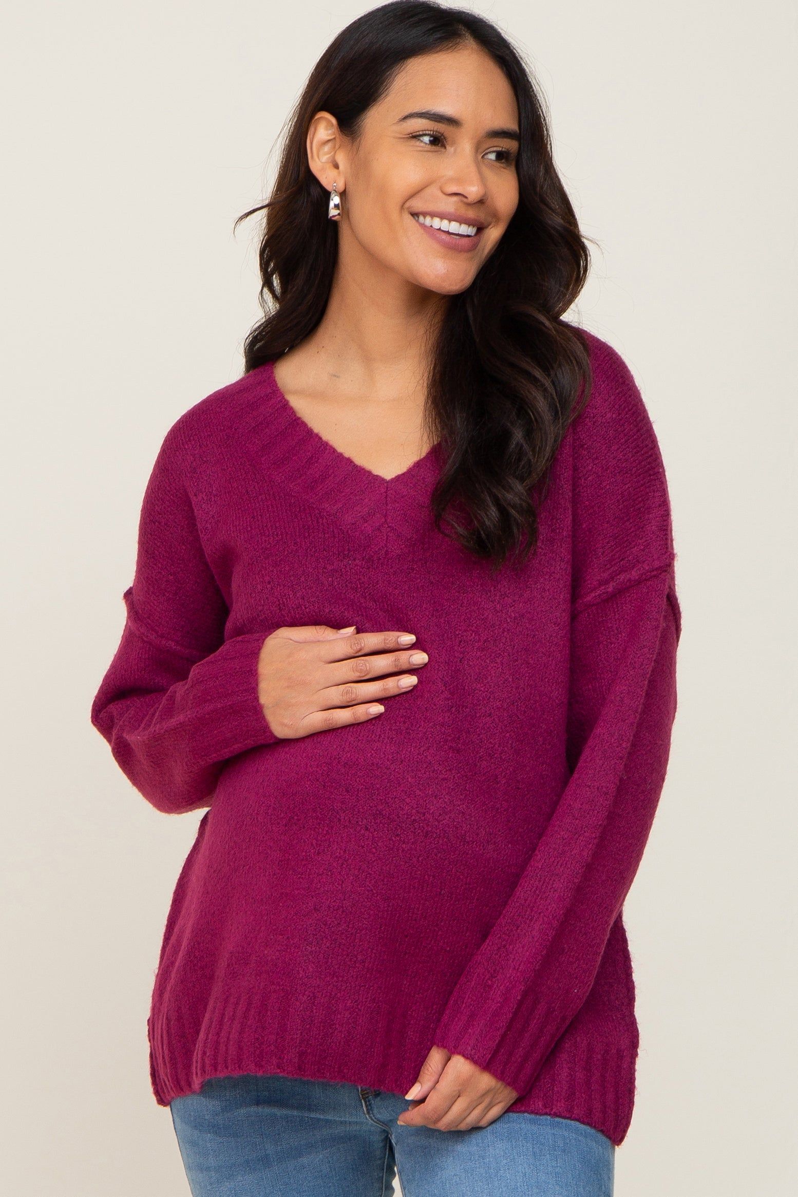 Magenta V-Neck Brushed Knit Maternity Sweater sold by Pinkblush