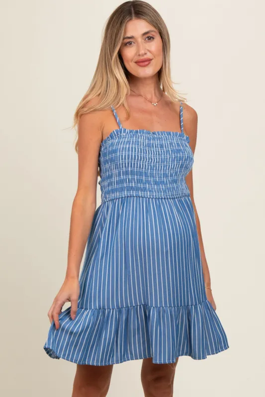 Blue Striped Ruffle Trim Maternity Dress sold by Pinkblush