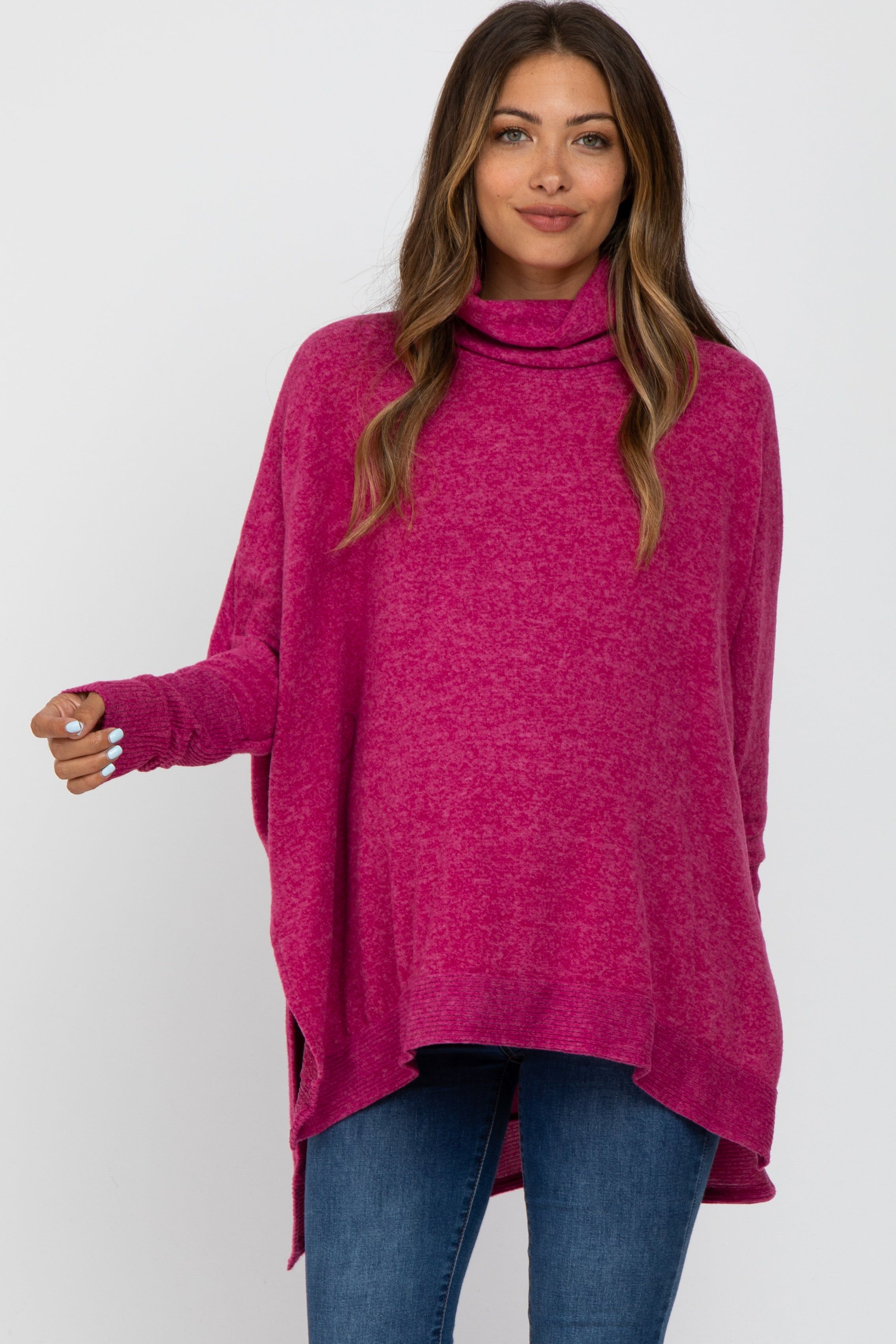 Magenta Brushed Cowl Neck Poncho Maternity Sweater sold by Pinkblush
