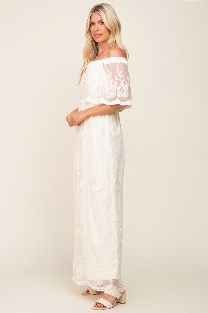Cream Lace Mesh Overlay Off Shoulder Maxi Dress sold by Pinkblush product image thumbnail 2