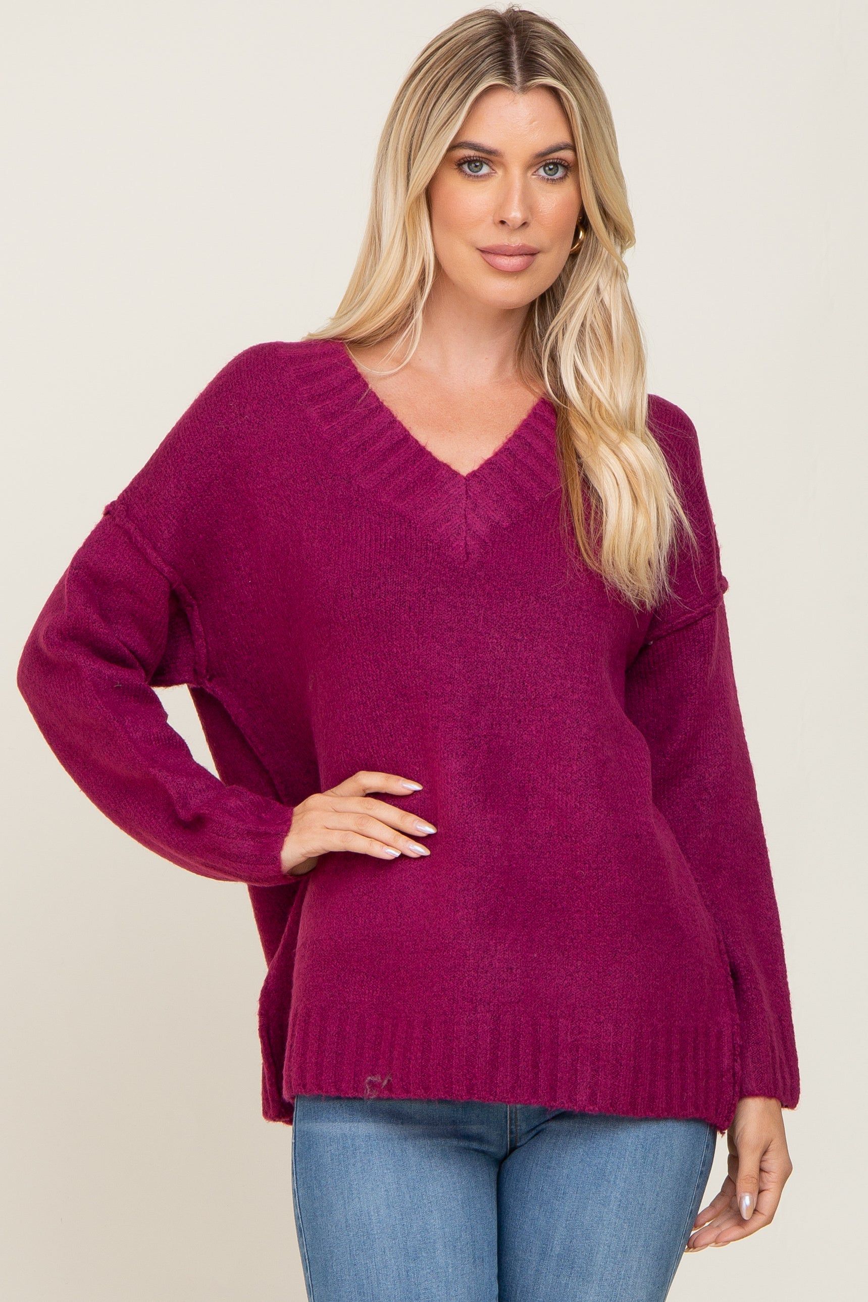 Magenta V-Neck Brushed Knit Maternity Sweater sold by Pinkblush product image thumbnail 6