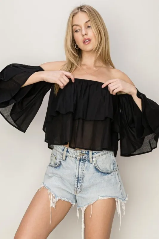 Black Off Shoulder Layered Crop Top sold by Pinkblush