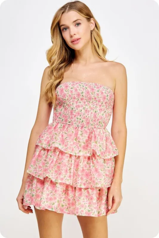 Pink Floral Tiered Tube Mini Dress sold by Pinkblush