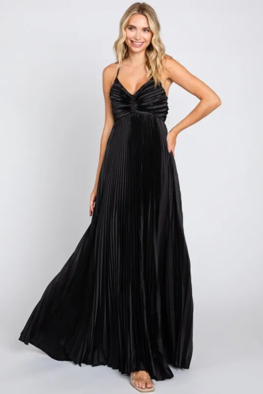 Black Satin Pleated Cutout Gown sold by Pinkblush