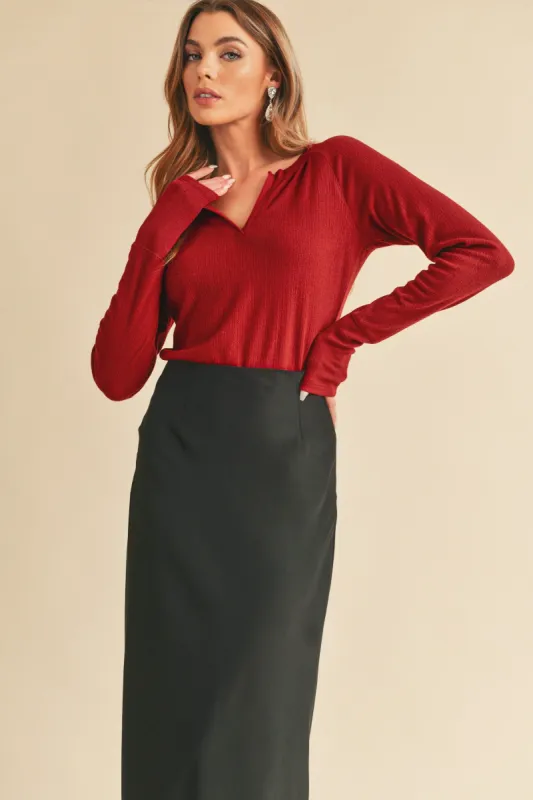 Burgundy Long Sleeve V-Neck Top sold by Pinkblush