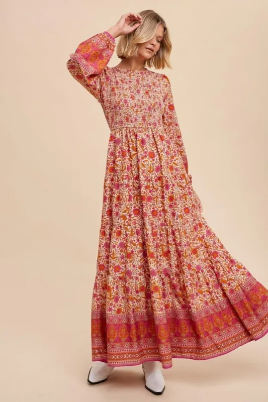 Fuchsia Floral Smocked Tiered Maxi Dress sold by Pinkblush