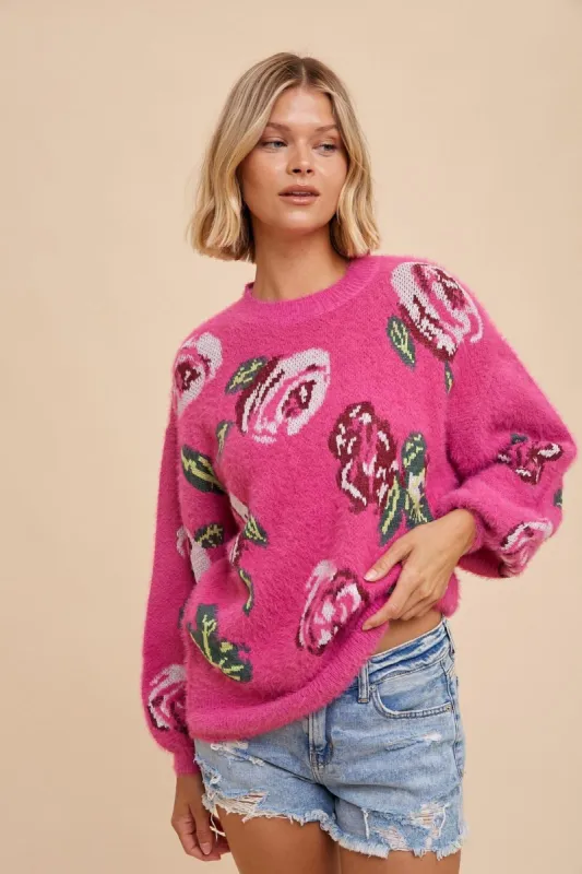 Fuchsia Floral Fuzzy Knit Sweater sold by Pinkblush