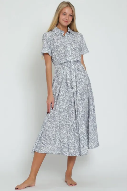 White Navy Short Sleeve Belted Button Down Shirt Midi Dress sold by Pinkblush