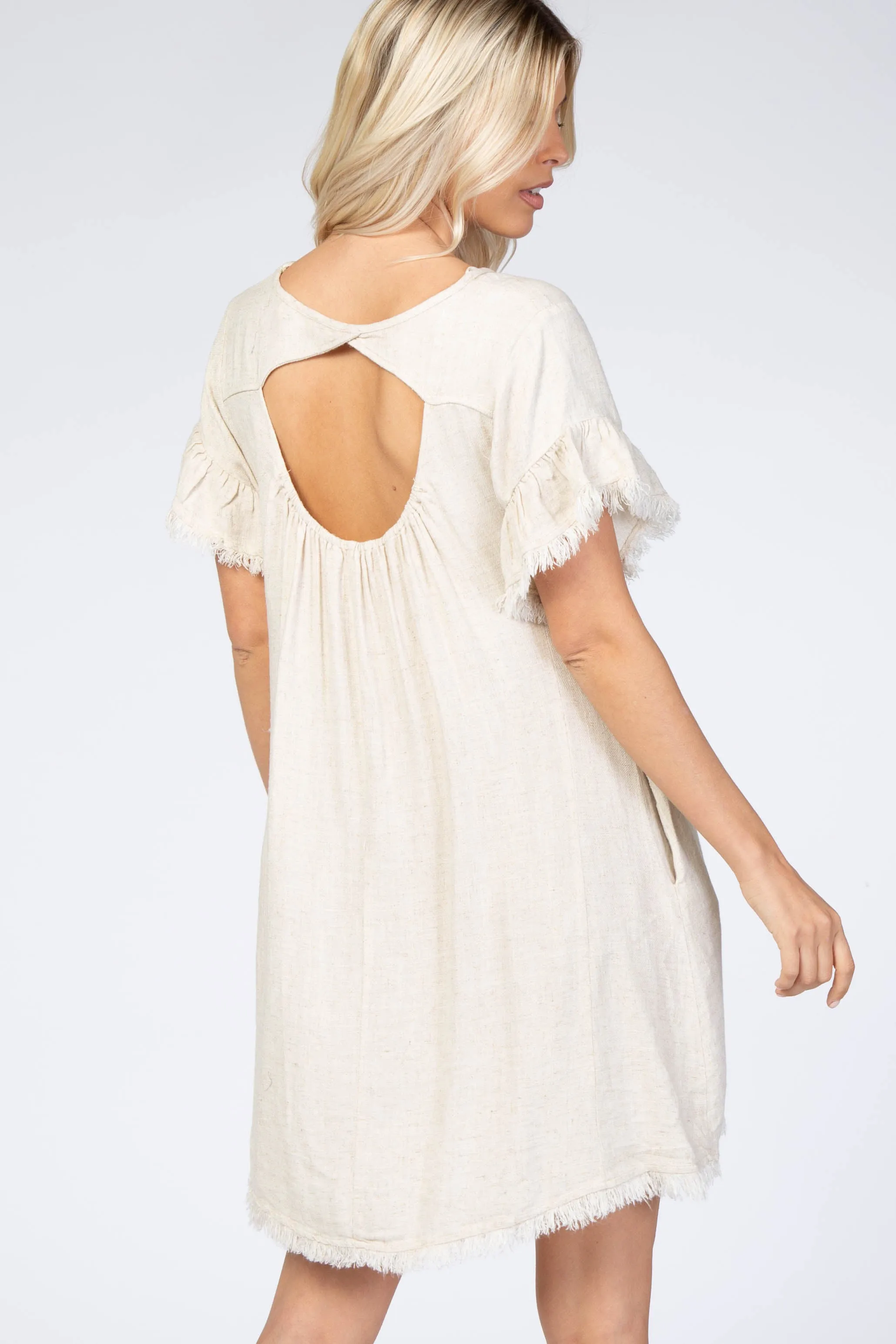 Cream Frayed Trim Back Keyhole Linen Dress sold by Pinkblush product image thumbnail 3