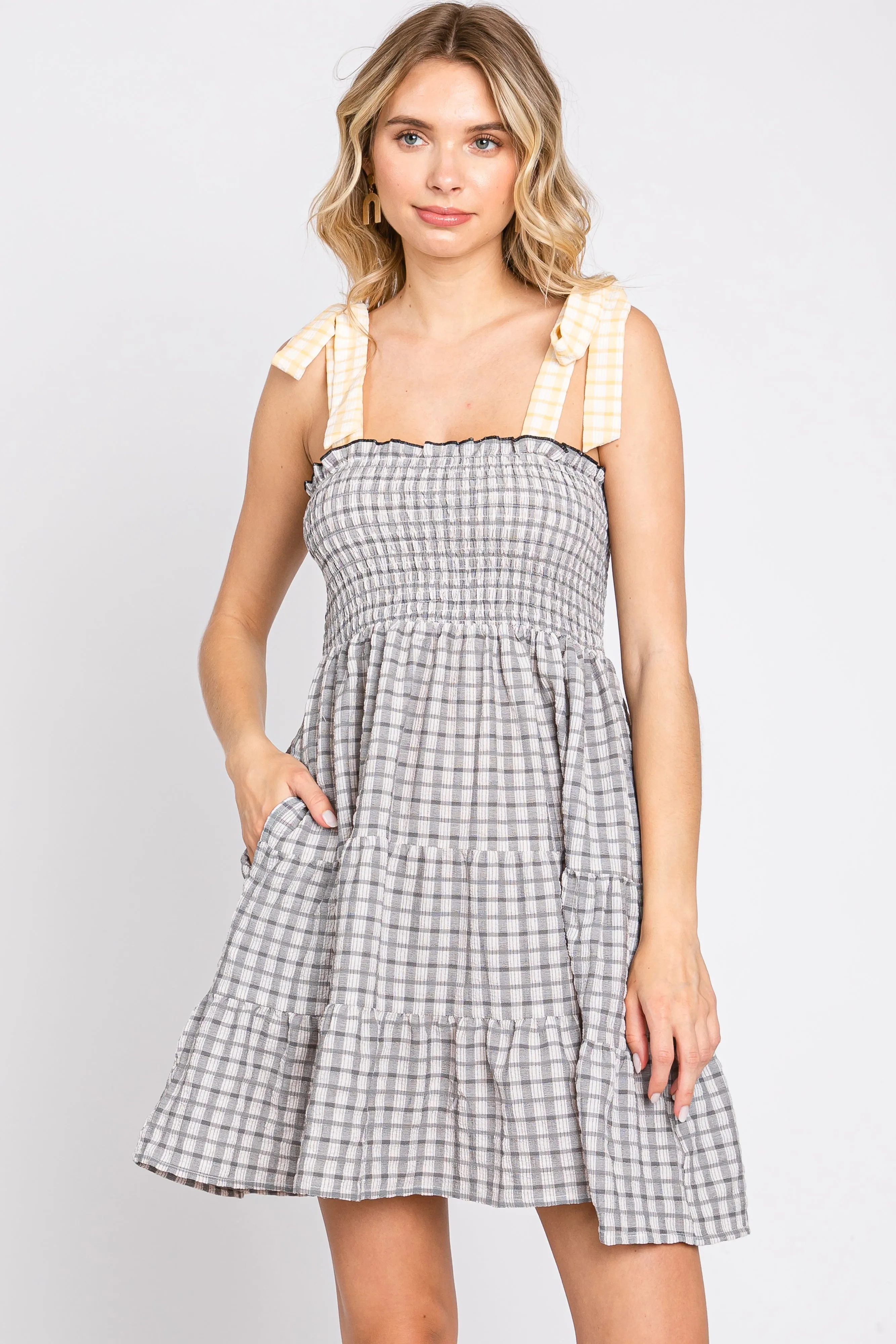 Black Gingham Color Block Shoulder Strap Maternity Dress sold by Pinkblush product image thumbnail 4