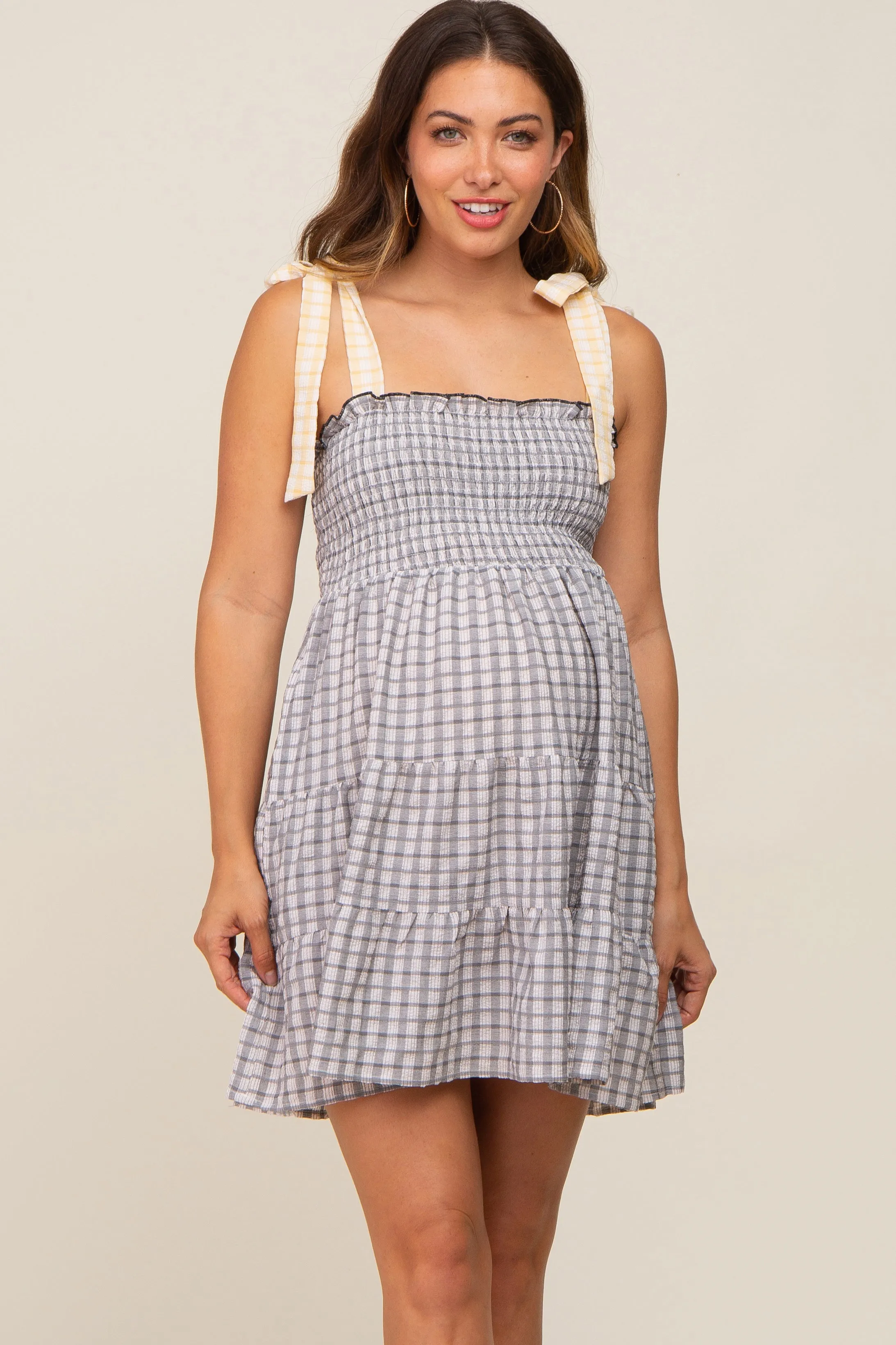 Black Gingham Color Block Shoulder Strap Maternity Dress sold by Pinkblush