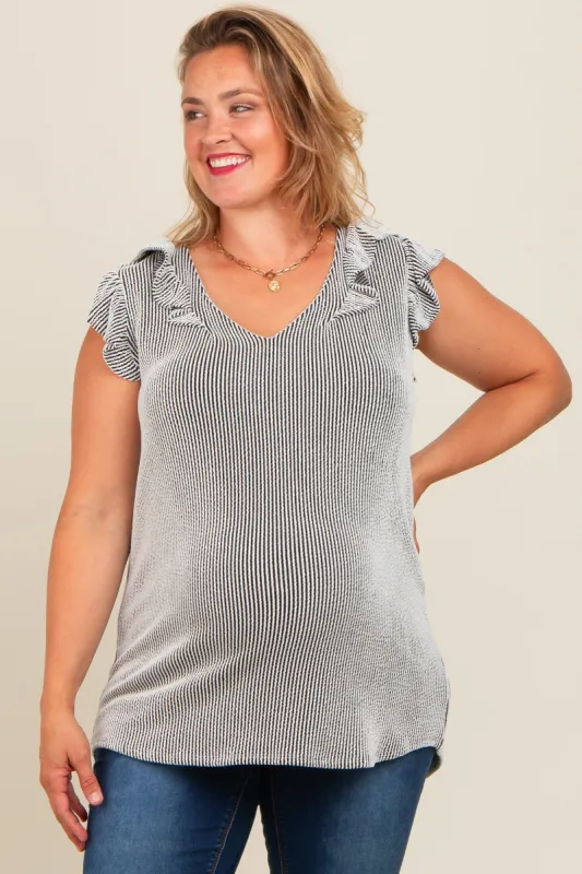 Black Ribbed Ruffle Sleeve Plus Maternity Top sold by Pinkblush